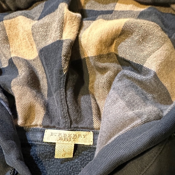 Burberry Navy Blue Zip-Up Sweater with Checkered Hood Size Large - Picture 2 of 6